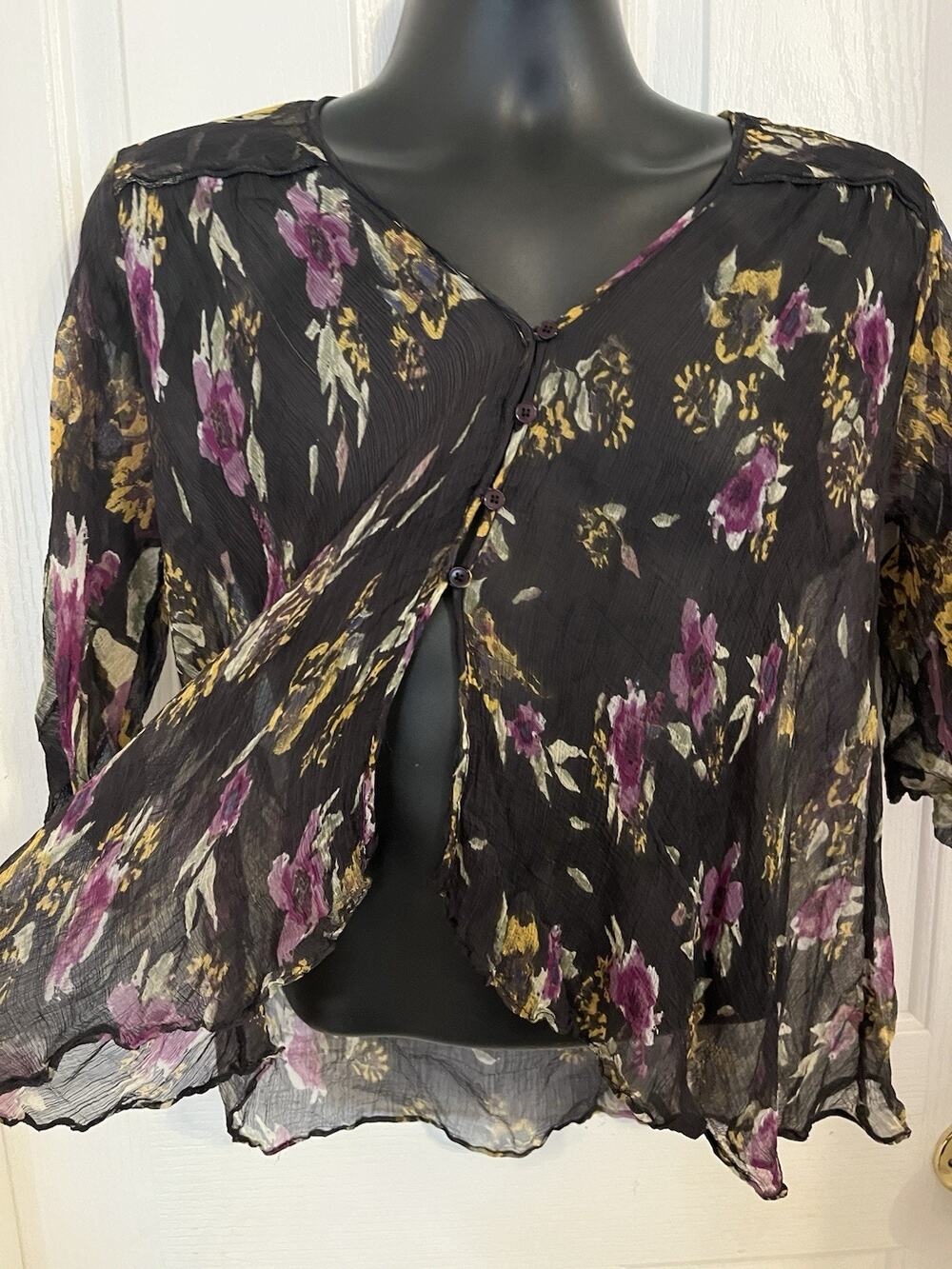 Free People Sheer Floral Top Open Button-Front Boho Blouse Whimsigoth S/M